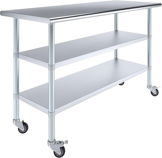 AmGood Stainless Steel Work Table with 2 Shelves and Casters | Metal Utility Table On Wheels (Stainless Steel Work Table with 2 Shelves + Casters, 60" Long x 24" Deep)
