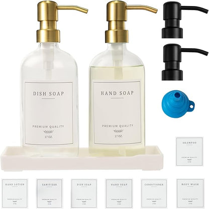 Glass Soap Dispenser for Kitchen, Farmhouse Dish Soap Dispenser&Hand Soap Dispenser Set,Rustproof Pump Lotion Dispenser Bathroom with Tray, Waterproof Label for Kitchen Decor(Clear