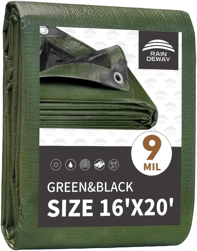 16x20 Feet Tarp Waterproof,9Mil Thick,Finished Size Tarps,UV Resistant,Durable,Multipurpose Poly Tarp Cover with Metal Grommets and Reinforced Edges,Green/Black by RAINDEWAY