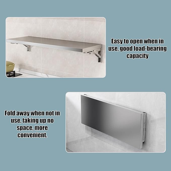 304 stainless steel folding table, wall-mounted folding table, kitchen storage shelf, made of food-grade stainless steel material, suitable for living room, balcony, bathroom, or laundry room.(100*30c