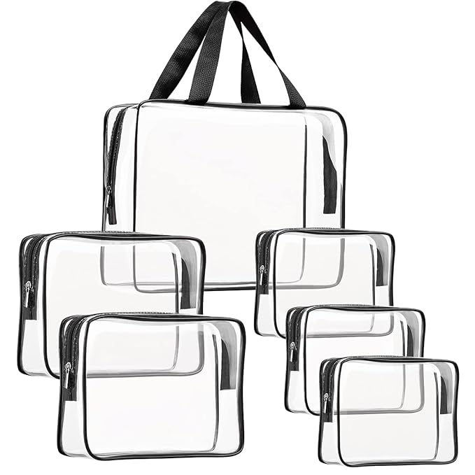6Pcs Crystal Clear PVC Travel Toiletry Bag Kit for Women Men, Waterproof Vinyl Packing Organizer Storage Bags with Zipper Handle Straps, Cosmetic Pouch Carry on Airport Airline Compliant Bag Handbag