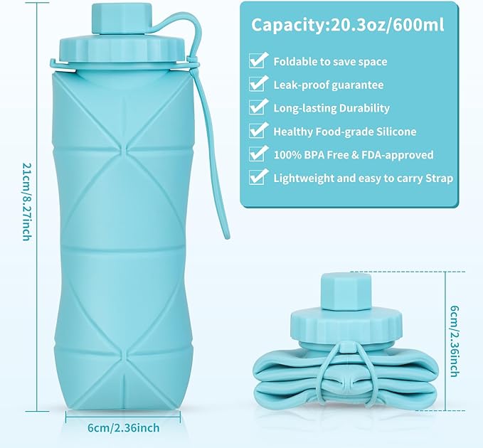 Silicone Collapsible Water Bottles,Lightweight Reusable Leakproof For Traveling Camping Hiking Cycling Sports Outdoor,Foldable Portable Travel Water Bottle 600ML Dark Grey And Dark Blue 2Pack.