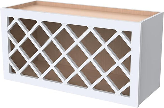 Solid Wood RTA Grid Wine Rack Cabinet for Kitchen, Dining Room, Cellar - Wall-Mounted Bottle Storage (SK-White, 36" Width x 12" Depth x 18" Height)