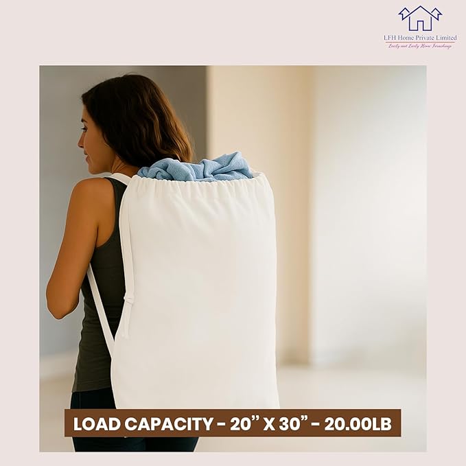 LFH Home Cotton Canvas Large Laundry Bag with Handle, Heavy Duty Drawstring Closure Washable Laundry Bags School Travel, Home, Hotel, College Dorm, Organizer Sack, Toys Clothes 20x30-White