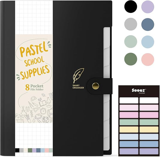Sooez File Folders Organizer, Folders with 8 Pockets, Folders for Documents w/Sticker, Accordion File Organizer, Paper Receipt Bill Filing Organizer, School College Office Travel Essentials Supplies
