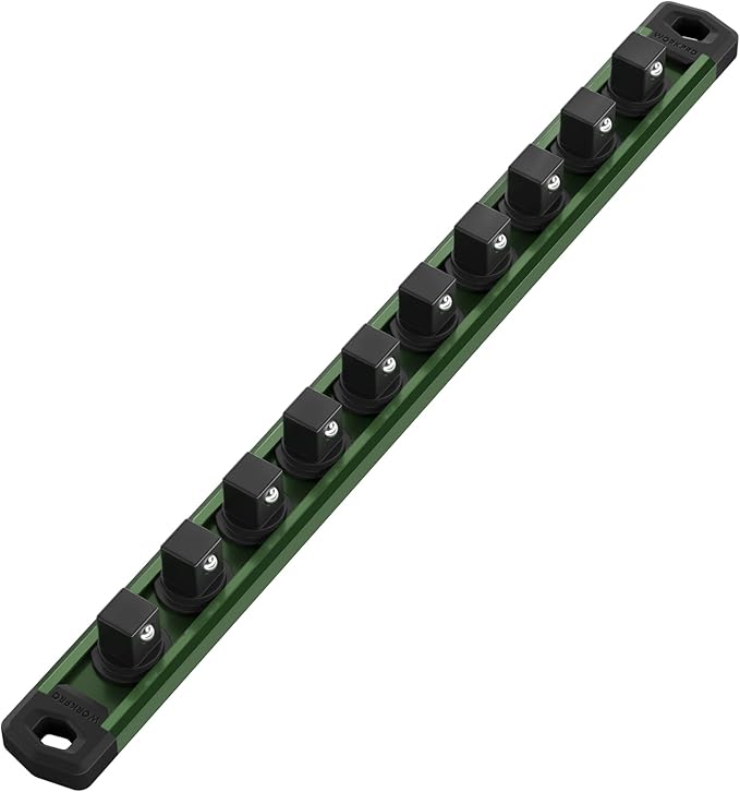 WORKPRO Magnetic Socket Organizer, 1/2-Inch Drive Aluminum Alloy Socket Rail, Heavy Duty Socket Holder, Socket Rack Kit 1/2-Inch x 10 Clips Green (Socket not Included)