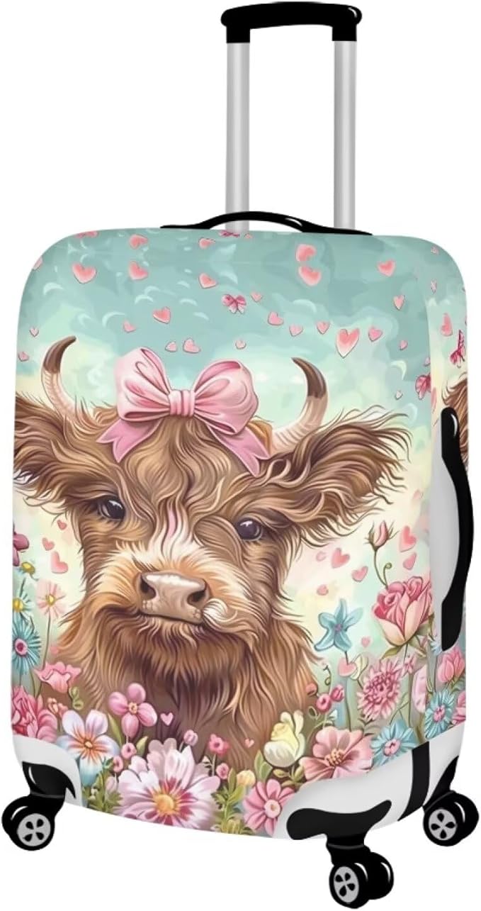 Highland Cow Suitcase Cover Flower Suitcase Protector Fits 26-29 Inch Luggage(Size L) Anti-Scratch Washable Spandex Luggage Cover Stretchable Suitcase Covers with Zipper