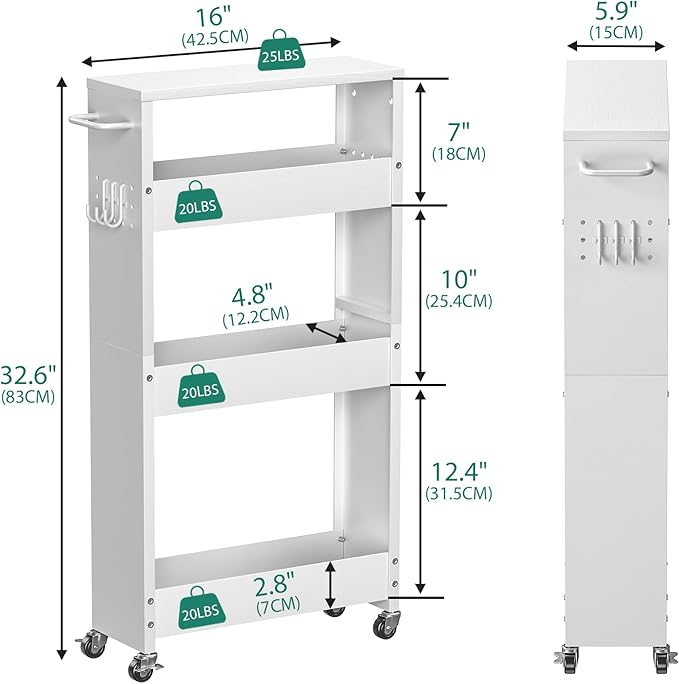Slim Storage Cart, 4-Tier Kitchen Rolling Cart Narrow Storage Cabinet with Handle & Wheels, Metal Rolling Shelf Unit for Kitchen Bathroom Laundry Small Places (5.9IN White/White)