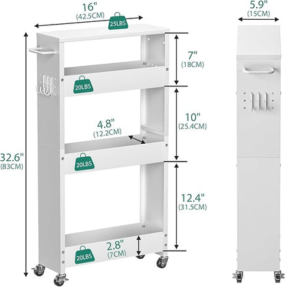 Slim Storage Cart, 4-Tier Kitchen Rolling Cart Narrow Storage Cabinet with Handle & Wheels, Metal Rolling Shelf Unit for Kitchen Bathroom Laundry Small Places (5.9IN White/White)