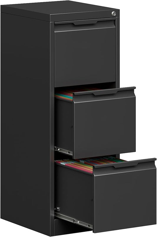 3 Drawer File Cabinet with Lock,Vertical Filing Cabinets for Home Office,Heavy Duty Metal File Cabinet for Hanging A4/Letter/Legal Size File,Vertical File Cabinet 15" W X 17.8" D X 38.3" H-Black