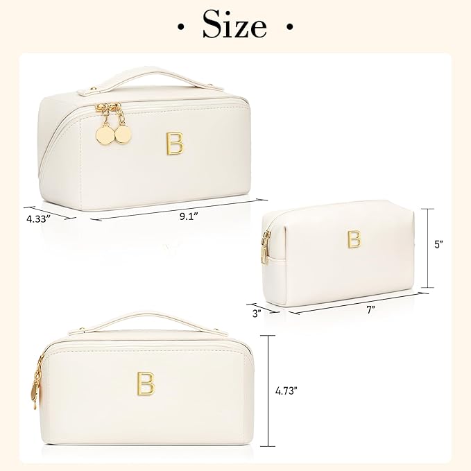Birthday Gifts for Women Teen Girl, Personalized Initial Makeup Organizer Bag Set, Open Flat Travel Cosmetic Bag With Clear Divider and Handle(Beige,B)