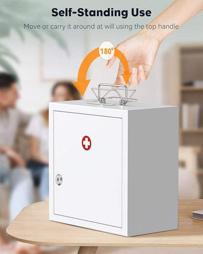 Uniclife Wall Mount Medicine Cabinet with Key Lock & Handle Locking First Aid Cabinet Lockable Medical Cabinet Medium Medicine Organizer Secure Steel Wall Cabinet Metal Storage Box, White