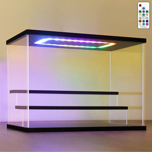 NONEMEY Clear Acrylic Display Case with Light ,3/4/5/6 Tier Multiple Color Lights via Remote Control Dustproof Display Box for Collectibles Figures Mini Toys (3Tier 12.4*7*9inch)
