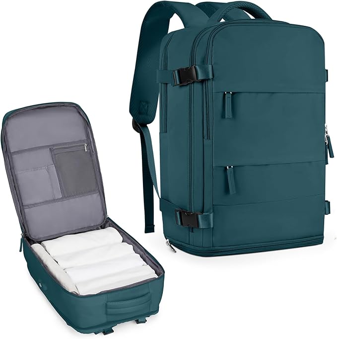 coowoz Large Travel Backpack For Women Men,Carry On Flight Approved,Hiking Waterproof Outdoor Sports Rucksack Casual Daypack Fit 15.6 Inch Laptop Shoes Compartment (Peacock Blue)