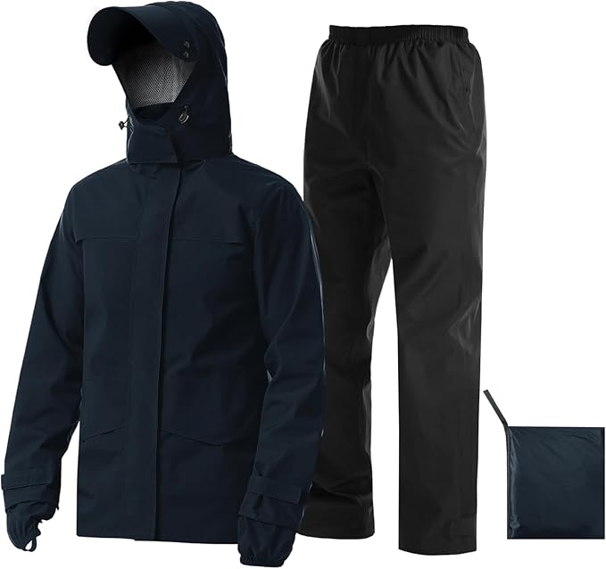 iCreek Rain Suit Waterproof Jacket with Pants 2 Pieces Breathable Lightweight Packable Raincoat with Hooded Rain Gear Unisex