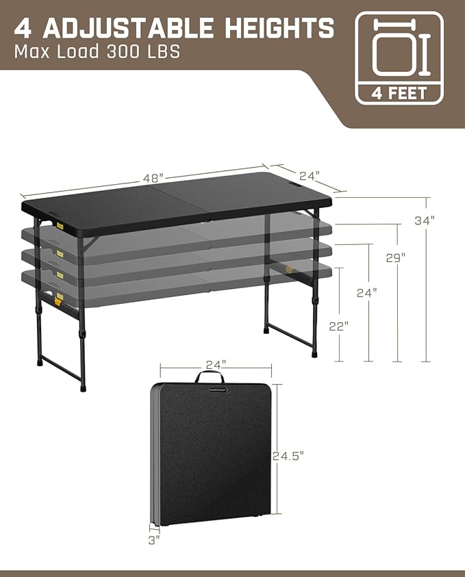 FanttikOutdoor 4ft Portable Folding Table, One-Handed Height Adjustment, 4 Heights, Gravity Lock, Carry Handle, Indoor Outdoor Heavy Duty Fold-in-Half Utility Table, Party, 2-Pack, Black Zeta X4 Pro