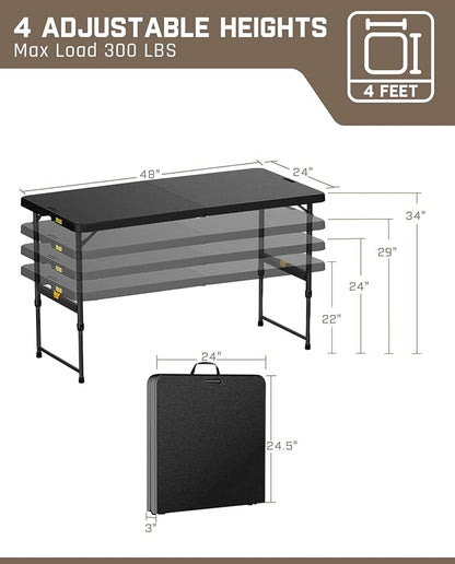 FanttikOutdoor 4ft Portable Folding Table, One-Handed Height Adjustment, 4 Heights, Gravity Lock, Carry Handle, Indoor Outdoor Heavy Duty Fold-in-Half Utility Table, Party, 1 Pack, Black Zeta X4 Pro