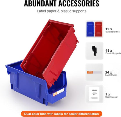 VEVOR Plastic Stackable Storage Bins 12 Pack (11 x 5 x 5-Inch), Hanging Storage Organizer Bins, Heavy Duty Stacking Containers for Closet, Garage, Office, Home, Pantry or Small Parts Organization