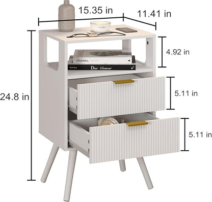 White Nightstand, Modern Bedside Table with 2 Storage Drawer and Open Wood Shelf, for Bedroom and Small Spaces, Night Stand with Solid Wood Legs