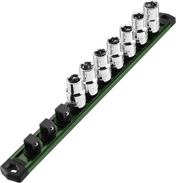 WORKPRO Magnetic Socket Organizer, 1/2-Inch Drive Aluminum Alloy Socket Rail, Heavy Duty Socket Holder, Socket Rack Kit 1/2-Inch x 10 Clips Green (Socket not Included)