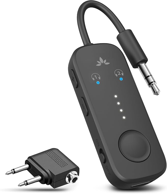 Avantree Relay - Airplane Bluetooth 5.3 Adapter with Qualcomm aptX Adaptive, Supports 2 AirPods or Headphones, 20Hr Playtime, 3.5mm AUX Wireless Audio Transmitter for Travel Flight, Airline, Gym