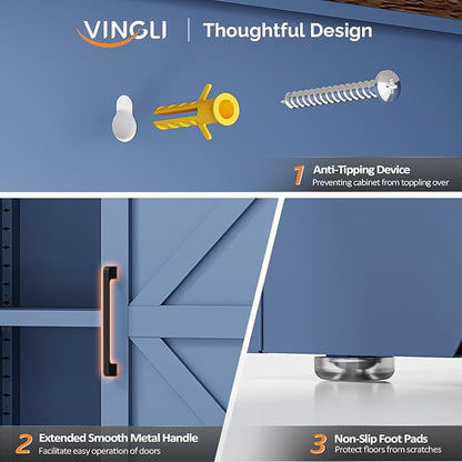 VINGLI Blue Bookcase with Doors and Adjustable Shelves, Steel 70" Tall Bookshelf Display Cabinet, 6-Tier Tall Farmhouse Metal Storage Cabinet for Study, Living Room, Home Office, Kitchen Pantry