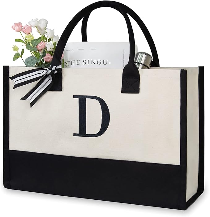 TOPDesign Embroidery Initial Canvas Tote Bag, Personalized Present Bag, Suitable for Wedding, Birthday, Beach, Holiday, is a Great Gift for Women, Mom, Teachers, Friends, Bridesmaids (Letter D)