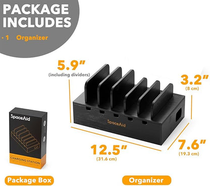 SpaceAid Bamboo Charging Station for Multiple Devices, Cell Phone Docking Stations for Multi Laptop, Tablets and iPads, Nightstand Bedside Desk Device Charger Organizer (Black)