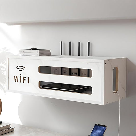 Wall Mount WiFi Router Box, WiFi Router Storage Cabinet, Power Strip and Cable Management Hider Rack, Invisible Storage, for Living Room, Office, Bedroom(White)
