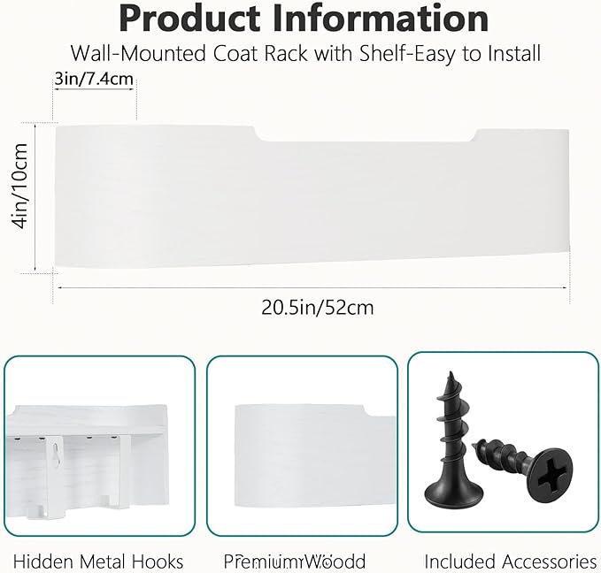 Coat Rack Wall Mount with Hidden Hooks Modern Key Holder Wood Entryway Hook with Shelf for Bedroom Kitchen Hallway Bathroom Designed for Hanging Coats Hats Bags Towels Dog Leashe(White,5 Hooks)