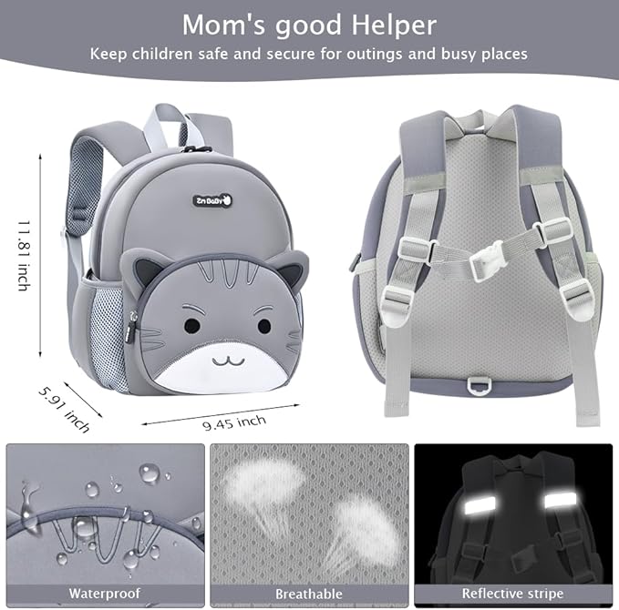 Padgene Toddler Backpacks Kids Preschool Backpack Waterproof Neoprene Animal Schoolbag Lunch backpack 3D Cartoon Cat Mini Travel Bag for Boys Girls Ages 3-5