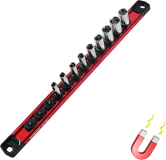 WORKPRO Magnetic Socket Organizer, 1/4" Drive Aluminum Alloy Socket Holder, Heavy Duty Socket Rail with 12 PC Removable Socket Clips, Socket Organizer Tray for Tool Box Drawer (Sockets Not Included)