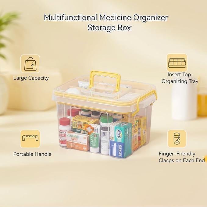 Pulseplay Clear Storage Box Container with Handle Medicine Organizer Box with Removable Tray Multipurpose Medicine Container Chest