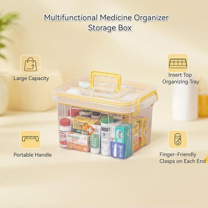 Pulseplay Clear Storage Box Container with Handle Medicine Organizer Box with Removable Tray Multipurpose Medicine Container Chest
