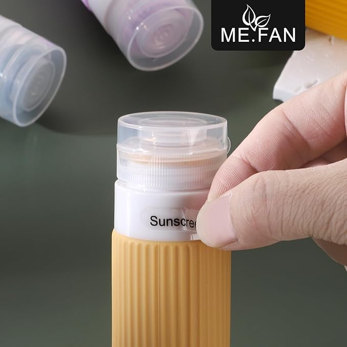 ME.FAN Travel Bottles for Toiletries, TSA Approved 3oz Silicone Journey Size Containers, Portable Split Bottle for Conditioner, Shampoo, Lotion- 4 Pack Morandi
