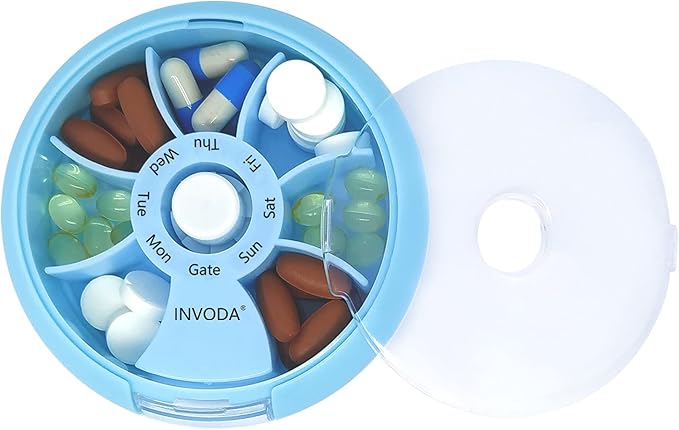 INVODA Weekly Pill Organizer 7 Compartment Rotating Pill Box for Daily Medication & Vitamins - Portable Travel Pill Case Fish Oil Supplements Vitamins Organizer (Blue+Orange)