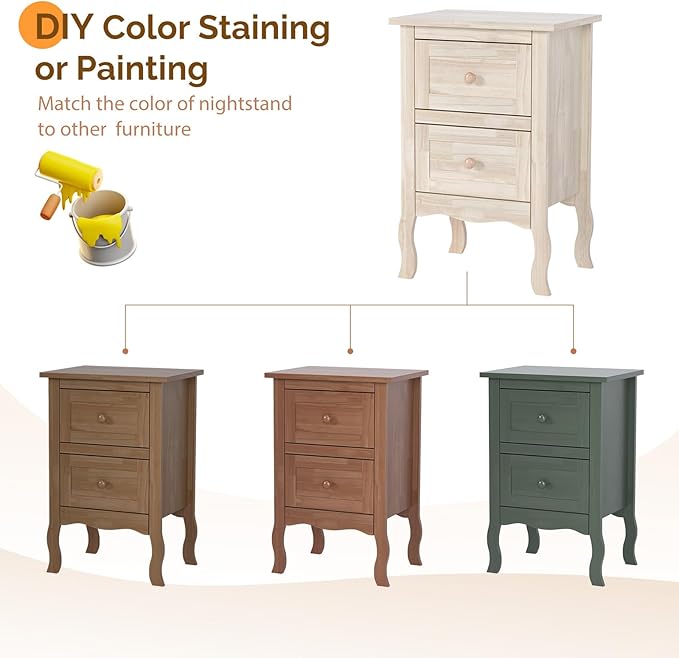 VINGLI Unfinished Solid Wood Nightstand for Color DIY, Small Nightstand for Bedroom, Natural Wood Night Stand with Drawers, Light Wood Night Stand, Real Wooden Bed Side Table/End Table