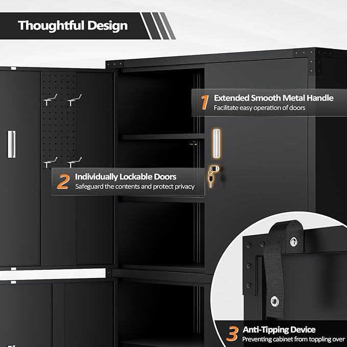 VINGLI Large Garage Storage Cabinet with 4 Doors, Upgraded Height & Wide & Deep, 43''W x 23''D x 75''H, Oversized Metal Storage Cabinet with Pegboards Wheels Locks and Adjustable Shelves (Black)