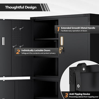 VINGLI Large Garage Storage Cabinet with 4 Doors, Upgraded Height & Wide & Deep, 43''W x 23''D x 75''H, Oversized Metal Storage Cabinet with Pegboards Wheels Locks and Adjustable Shelves (Black)