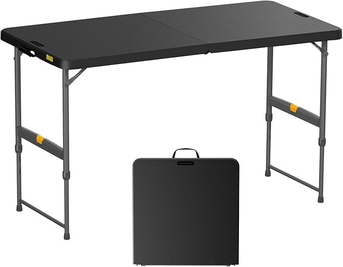 FanttikOutdoor 4ft Portable Folding Table, One-Handed Height Adjustment, 4 Heights, Gravity Lock, Carry Handle, Indoor Outdoor Heavy Duty Fold-in-Half Utility Table, Party, 1 Pack, Black Zeta X4 Pro