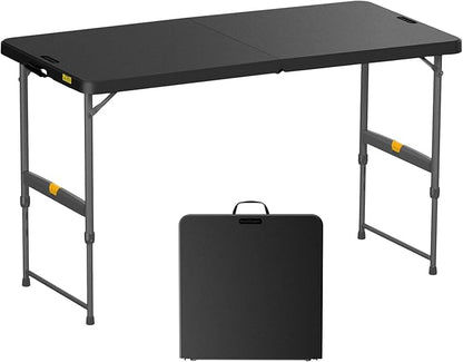 FanttikOutdoor 4ft Portable Folding Table, One-Handed Height Adjustment, 4 Heights, Gravity Lock, Carry Handle, Indoor Outdoor Heavy Duty Fold-in-Half Utility Table, Party, 1 Pack, Black Zeta X4 Pro