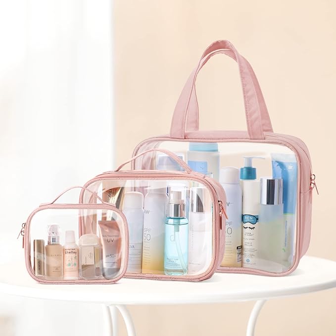 PACKISM Clear Toiletry Bags, 3 Pack Clear Makeup Bags with Handle Large Opening, Waterproof Cosmetic Bags Fit Carry-on Travel Essentials, Travel Bags, Pink