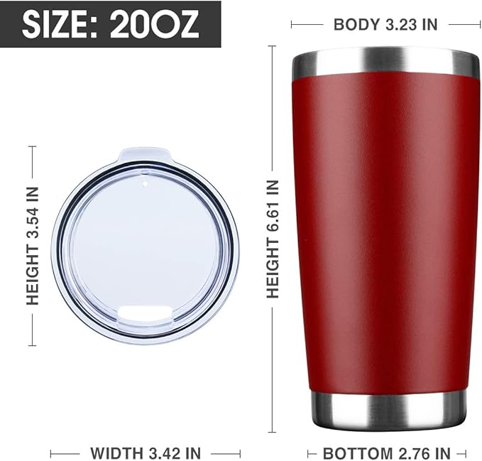 20oz Tumbler Bulk Stainless Steel Vacuum Insulated Tumblers with Lid Double Wall Travel Mug, Durable Powder Coated Coffee Cup, Suitable for Ice Drinks and Hot Beverage (Red 1pack)