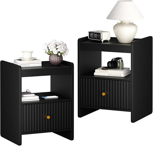 HIFYOBRO 21.6" Tall Fluted Nightstand Set, End Table with Charging Station and LED Light, Modern End Side Table with Drawer (Black)