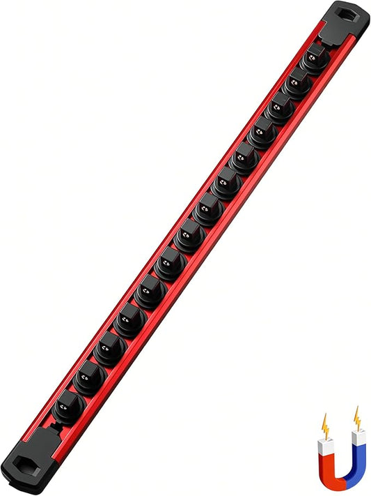 ALOANES Magnetic Socket Organizer 3/8-Inch Drive, Socket Rail Organizer Heavy Duty Aluminum, 360° Swivel Clips Socket Holder Kit, 3/8-Inch Socket Holder x 14 Clips (Red)