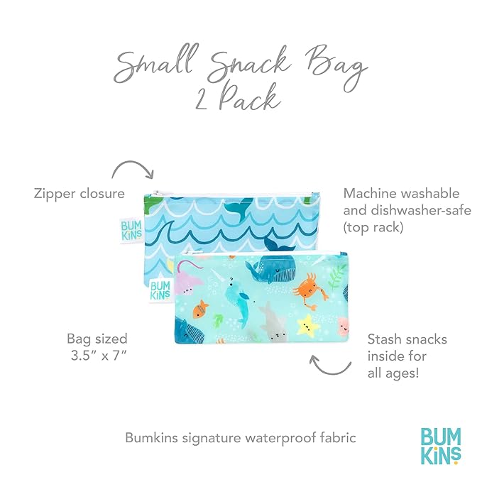 Bumkins Reusable Snack Bags, for Kids School Lunch and for Adults Portion, Washable Fabric, Waterproof Cloth Zip Bag, Supplies Travel Pouch, Food-Safe Storage, 2-pk Blue Ocean Life