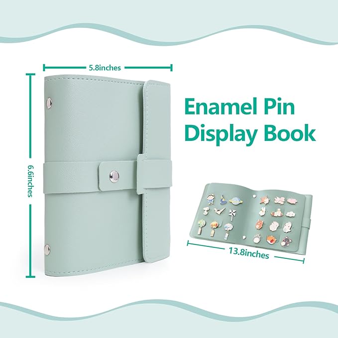 Enamel Pin Display Book - 4 Page Leather Travel Organizer for Collectors, Portable Lapel Pin Holder with Secure Storage, Compact Pin Trading Book (Sage Green)