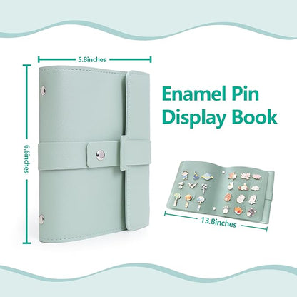 Enamel Pin Display Book - 4 Page Leather Travel Organizer for Collectors, Portable Lapel Pin Holder with Secure Storage, Compact Pin Trading Book (Sage Green)