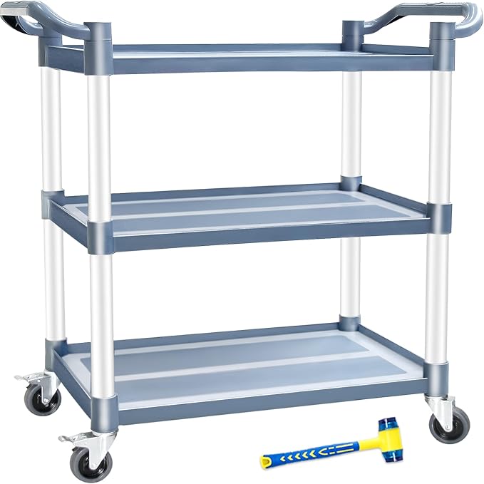 AQNIEGEP Utility Cart with Wheels, 510lbs Heavy-Duty Food Kitchen Cart & Rolling Service Cart for Restaurant Commercial Office, Lockable Wheels & Tool-Free Assembly, 3-Tier, Grey