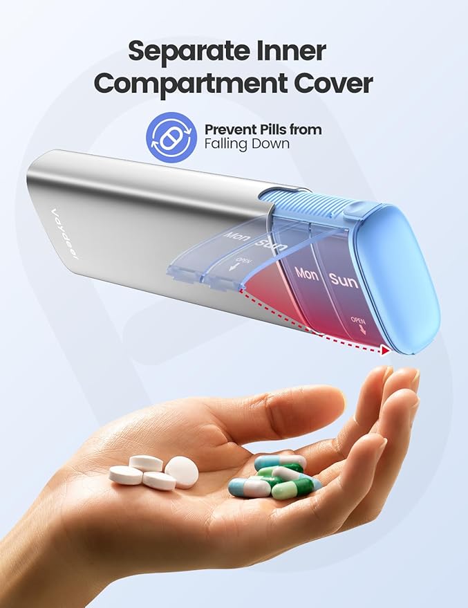 Vaydeer Metal Travel Pill Organizer, 7 Day Weekly Pill Box, Large Capacity Daily Cute Pill Case for Supplements, Pills, Vitamins and Medication (Small, Champagne)
